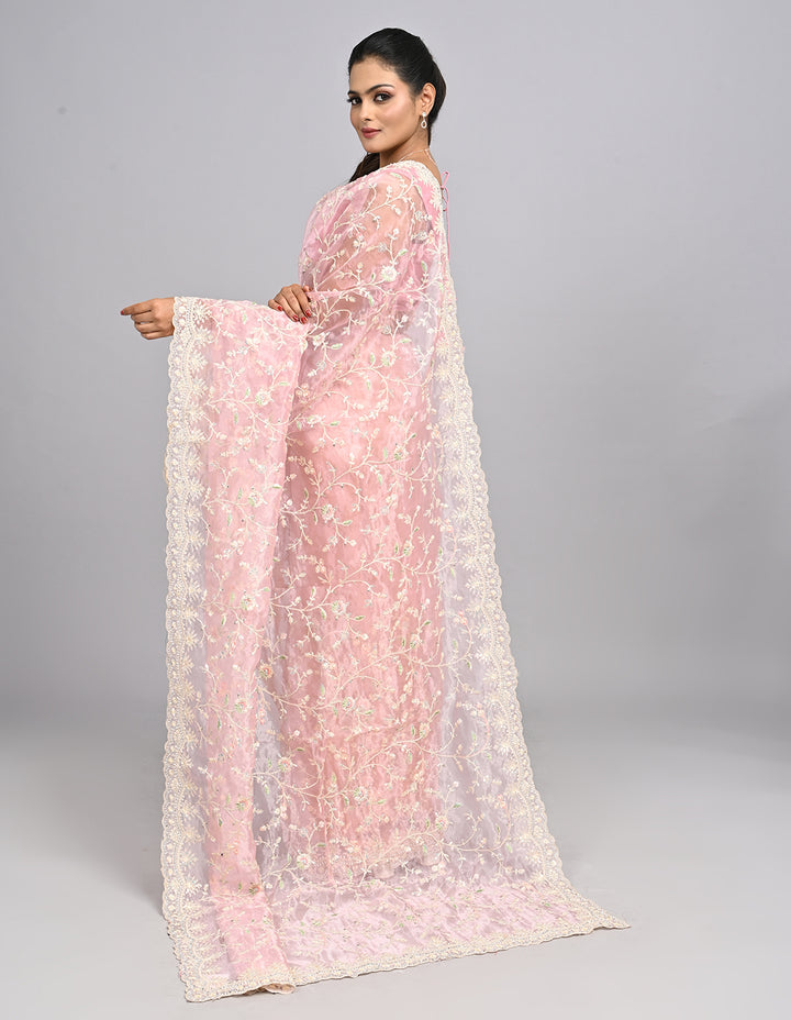 Ayla – Blush Pink Organza Saree with Thread & Stone Embroidery | Fazals