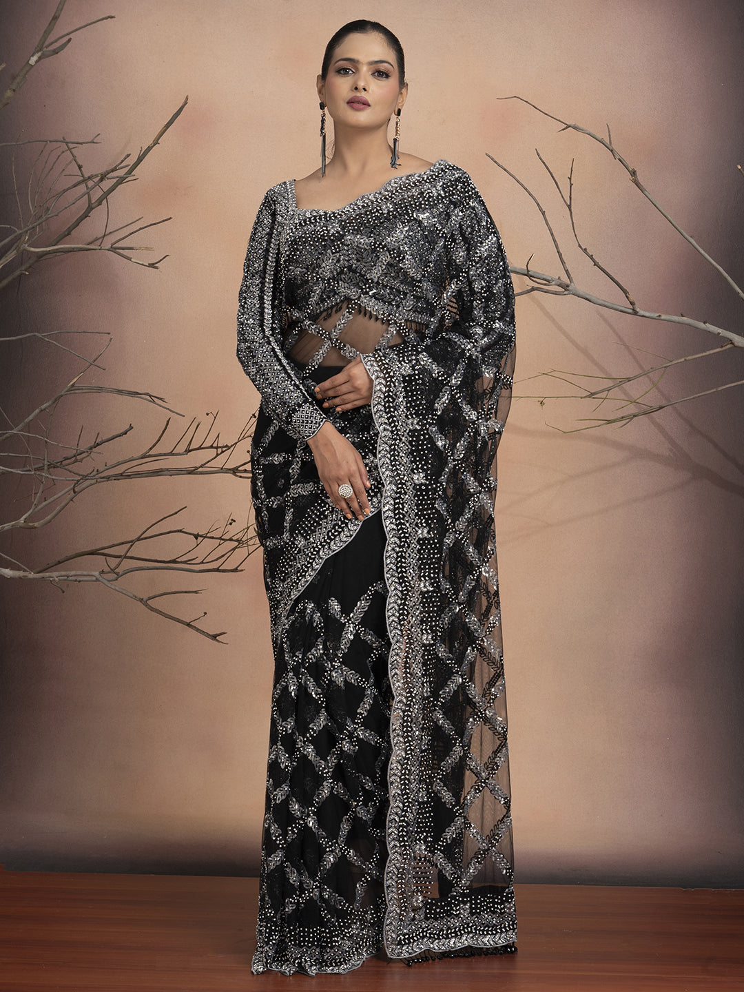 Noor – Black Net Saree with Sequins & Stone Embellishment | Fazals