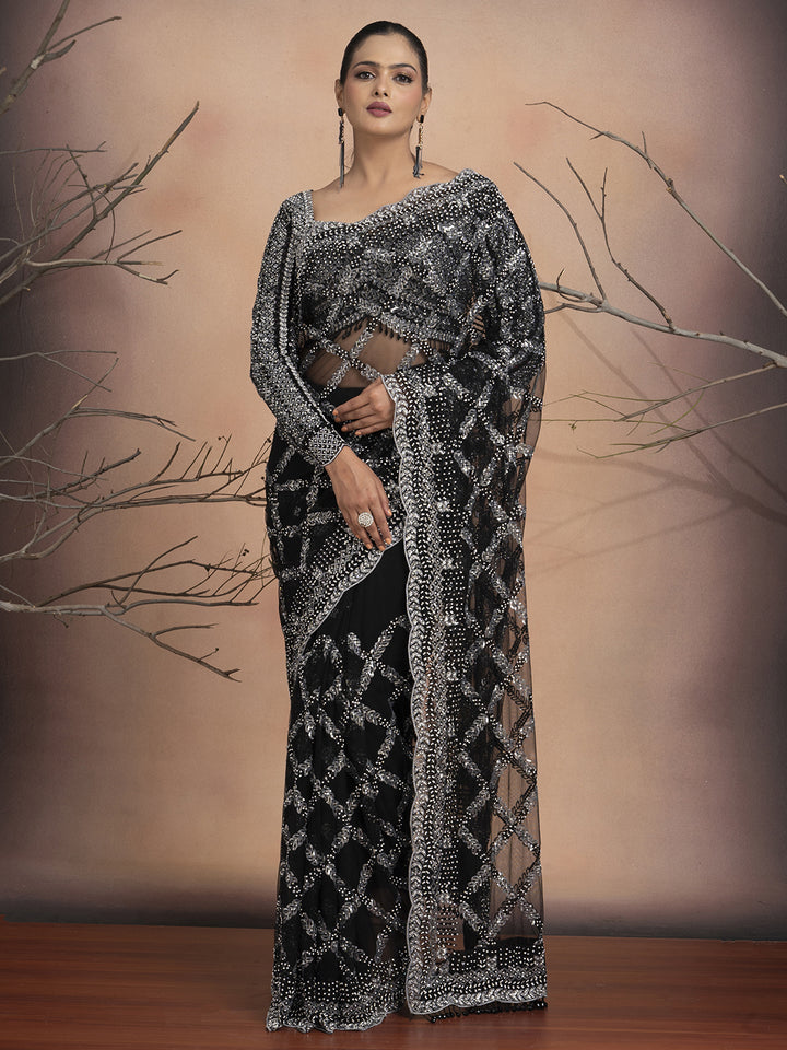Noor – Black Net Saree with Sequins & Stone Embellishment | Fazals