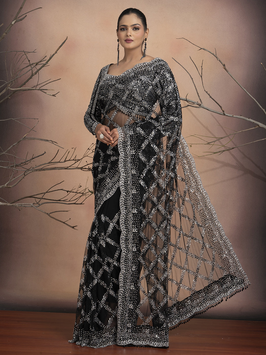 Noor – Black Net Saree with Sequins & Stone Embellishment | Fazals