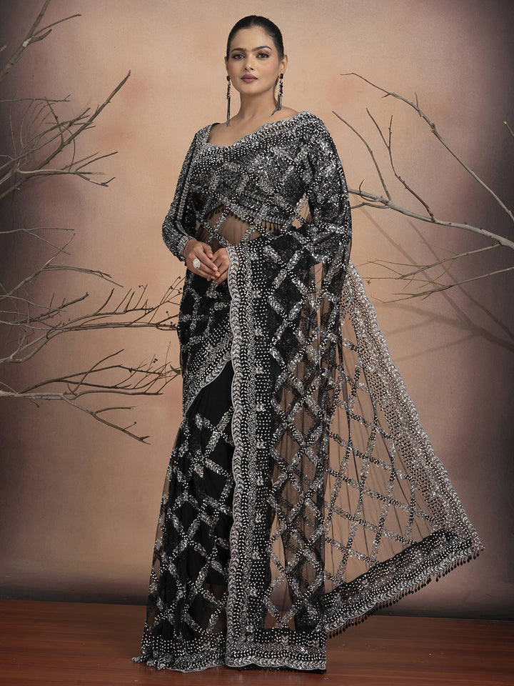 Noor – Black Net Saree with Sequins & Stone Embellishment | Fazals