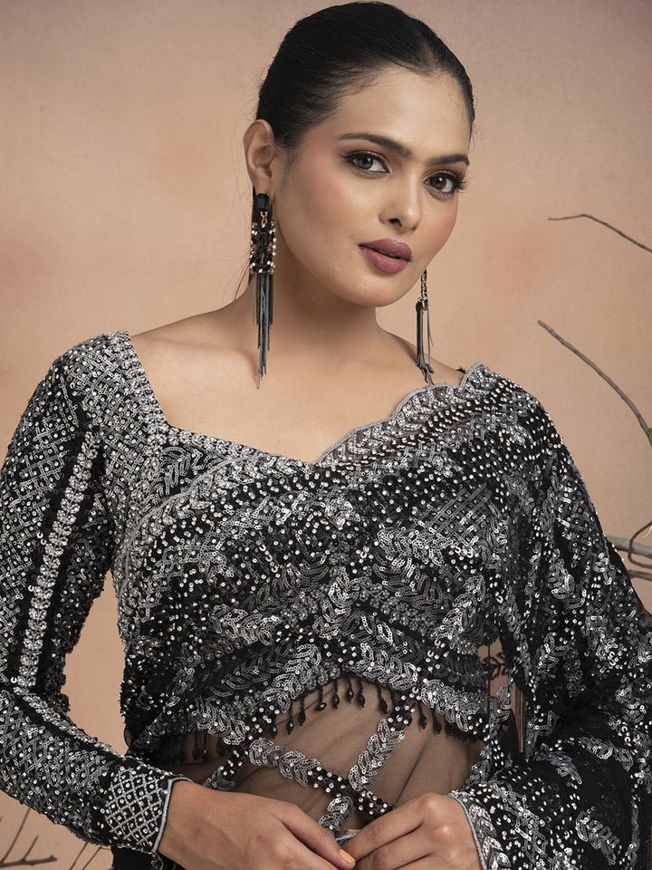 Noor – Black Net Saree with Sequins & Stone Embellishment | Fazals