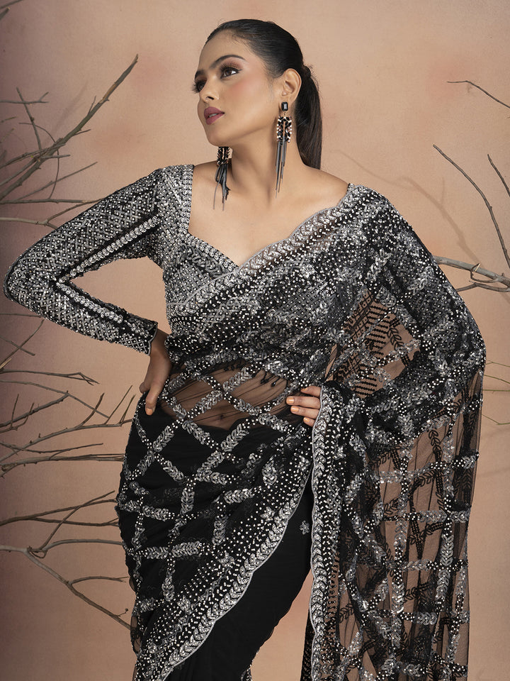 Noor – Black Net Saree with Sequins & Stone Embellishment | Fazals