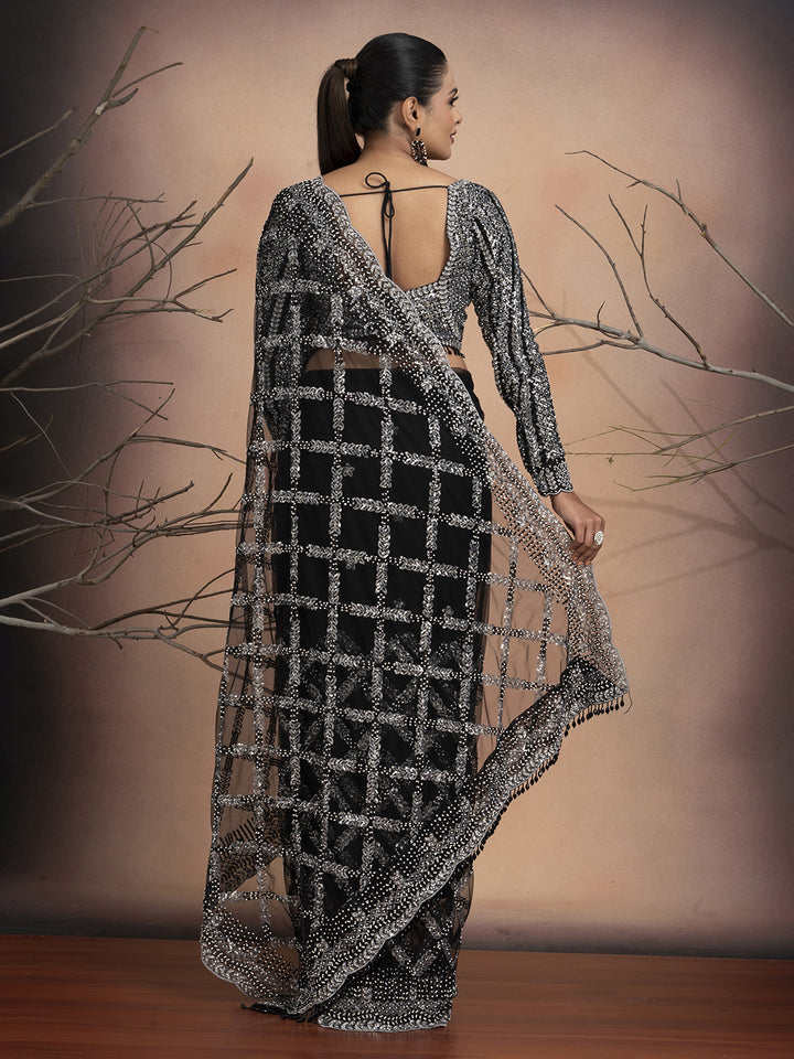 Noor – Black Net Saree with Sequins & Stone Embellishment | Fazals