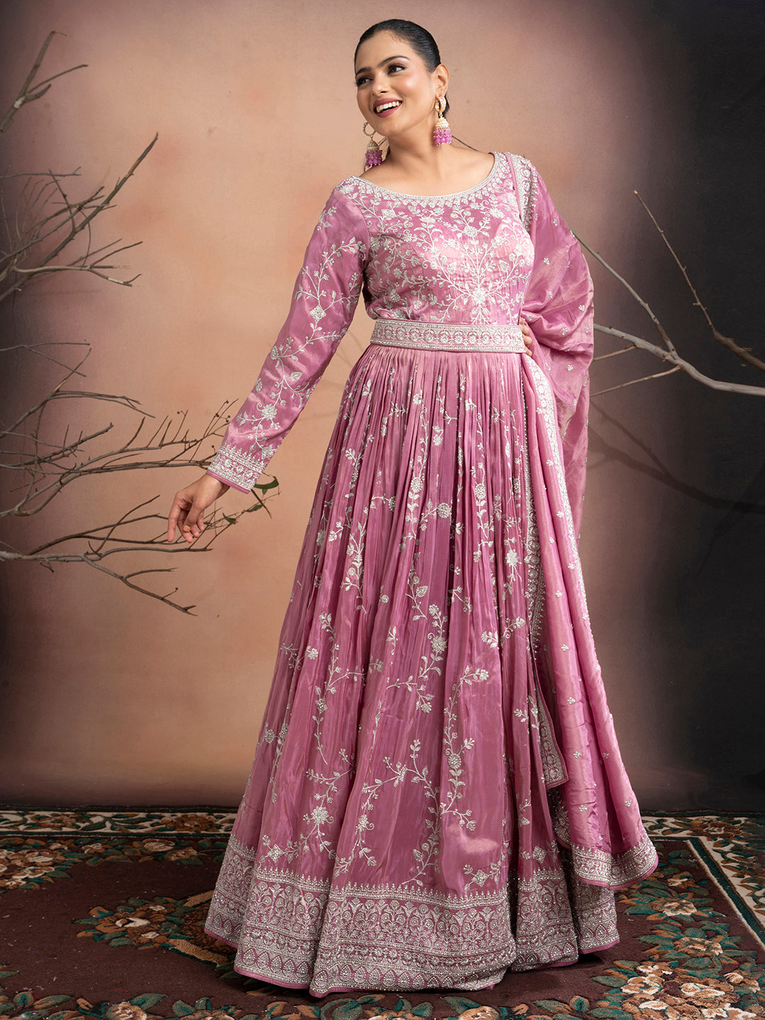 Inaaya – Pink Tissue Gown with Zari Embroidery & Matching Tissue Dupatta | Fazals