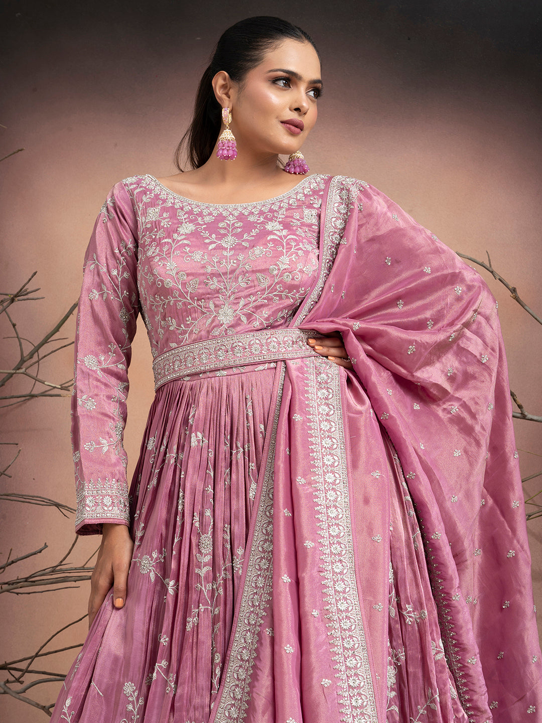 Inaaya – Pink Tissue Gown with Zari Embroidery & Matching Tissue Dupatta | Fazals