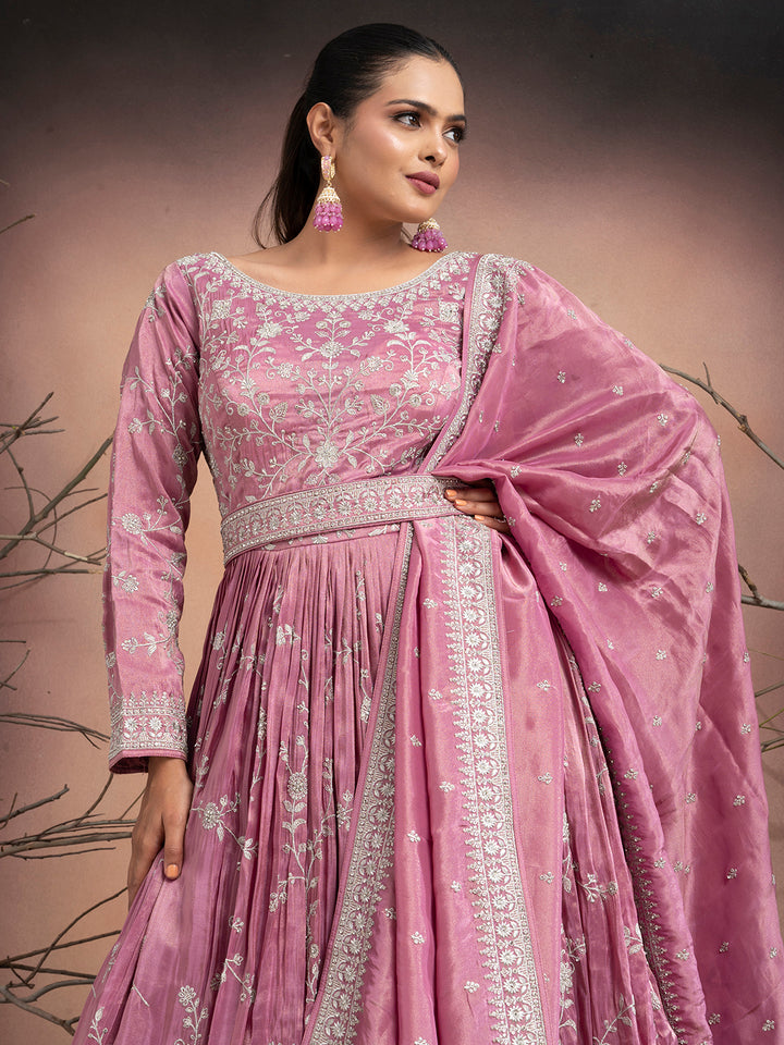 Inaaya – Pink Tissue Gown with Zari Embroidery & Matching Tissue Dupatta | Fazals