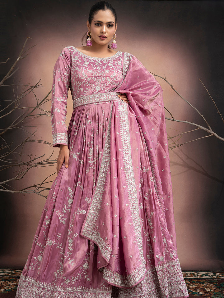 Inaaya – Pink Tissue Gown with Zari Embroidery & Matching Tissue Dupatta | Fazals
