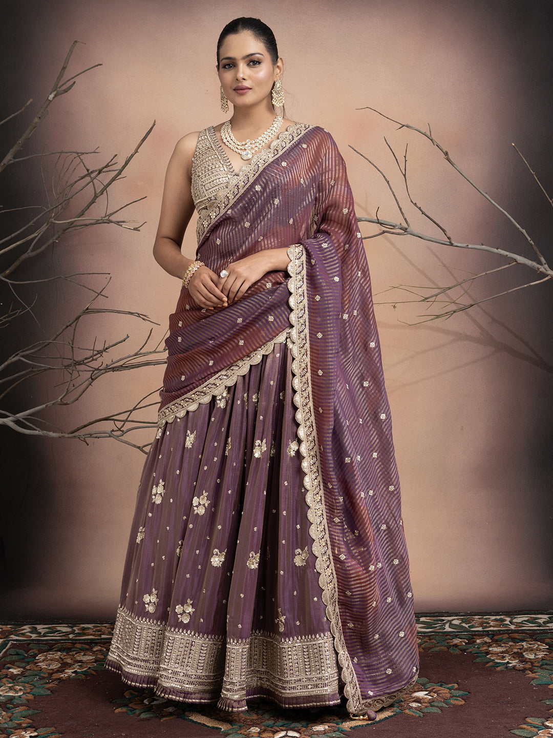 Aabroo – Mauve Tissue Lehenga with Sequins & Stone Work | Fazals