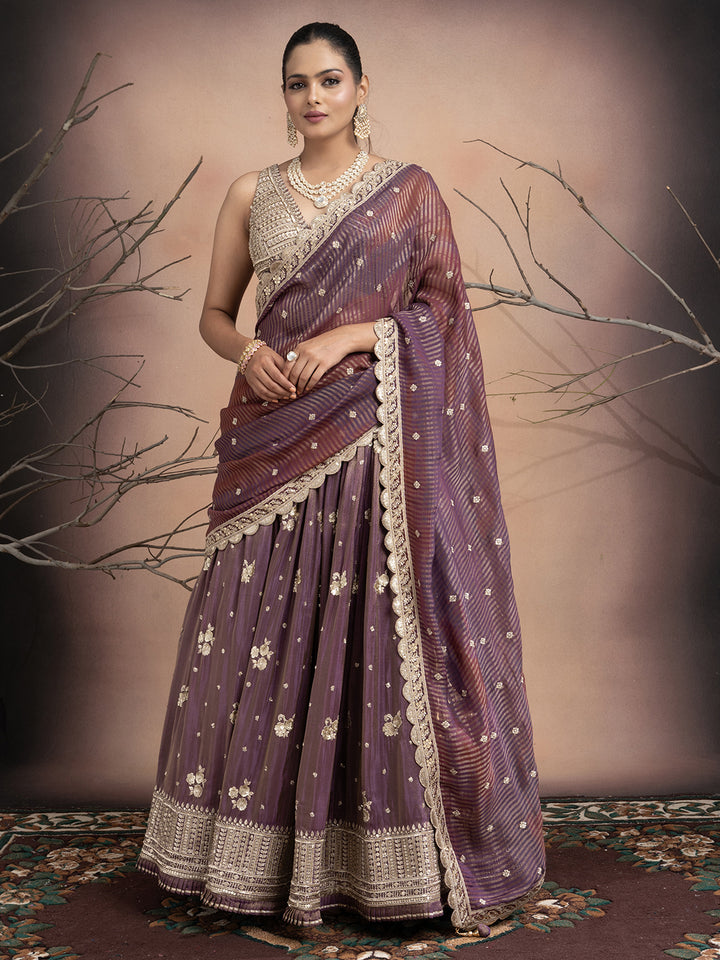 Aabroo – Mauve Tissue Lehenga with Sequins & Stone Work | Fazals