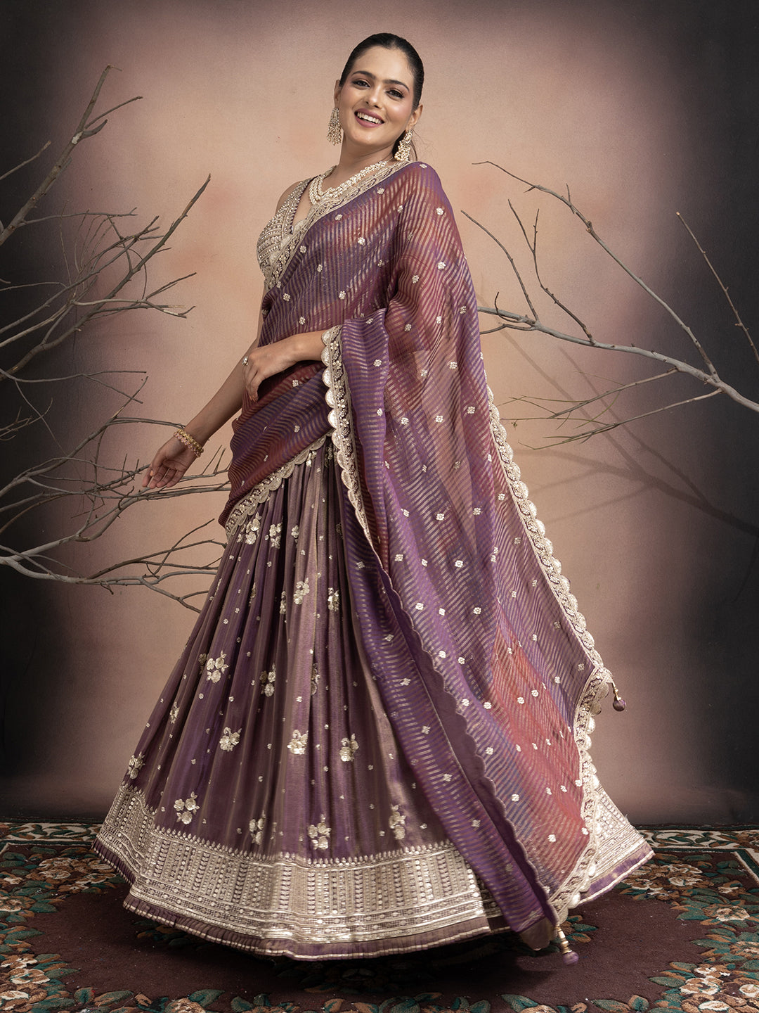 Aabroo – Mauve Tissue Lehenga with Sequins & Stone Work | Fazals
