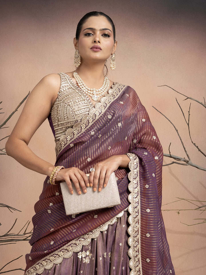Aabroo – Mauve Tissue Lehenga with Sequins & Stone Work | Fazals