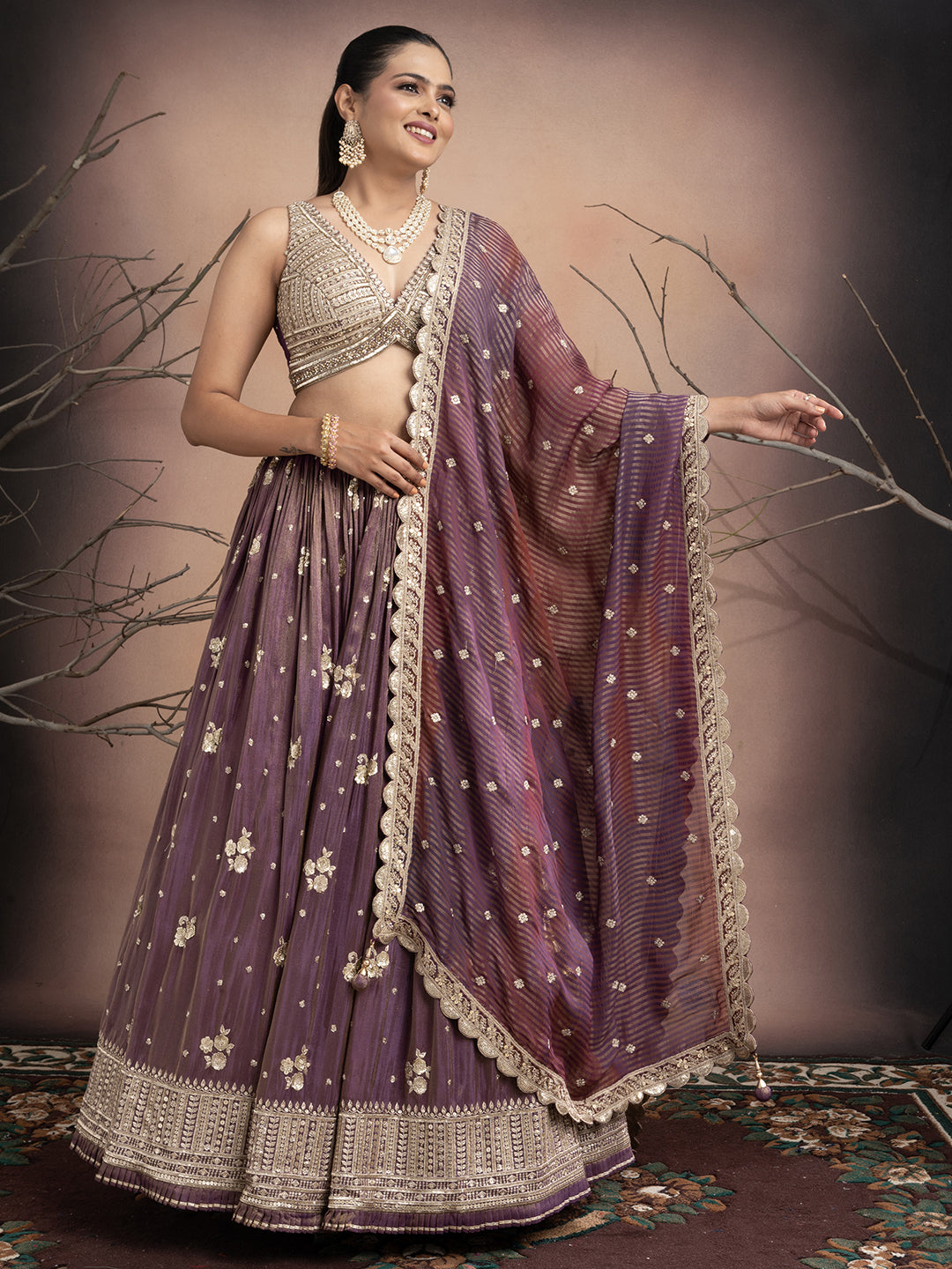 Aabroo – Mauve Tissue Lehenga with Sequins & Stone Work | Fazals