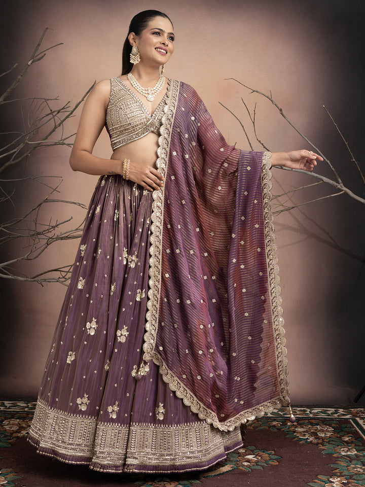 Aabroo – Mauve Tissue Lehenga with Sequins & Stone Work | Fazals
