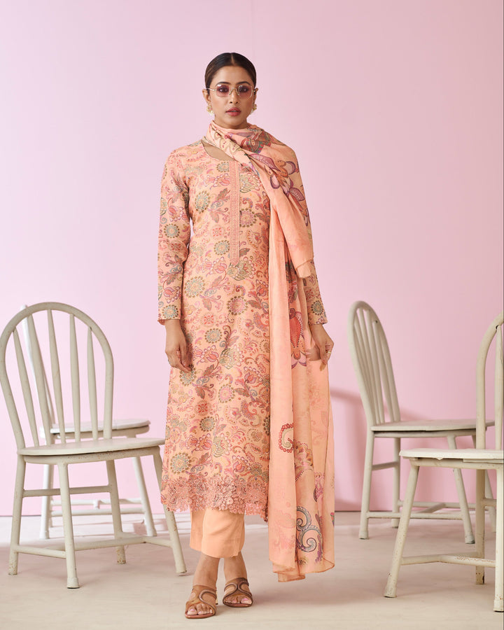 1920-Elegant Peach Muslin Suit Set with Delicate Floral Print & Dupatta