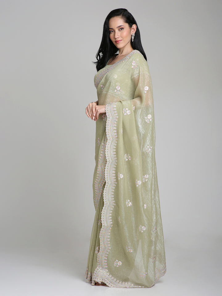 Samaira – Sage Green Chiffon Saree with Pastel Embroidered Border | Fazals