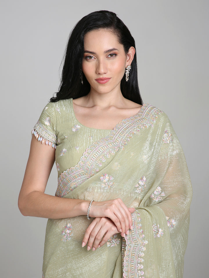 Samaira – Sage Green Chiffon Saree with Pastel Embroidered Border | Fazals