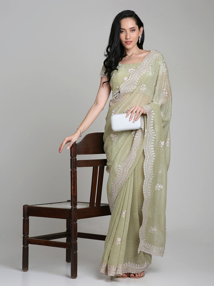 Samaira – Sage Green Chiffon Saree with Pastel Embroidered Border | Fazals