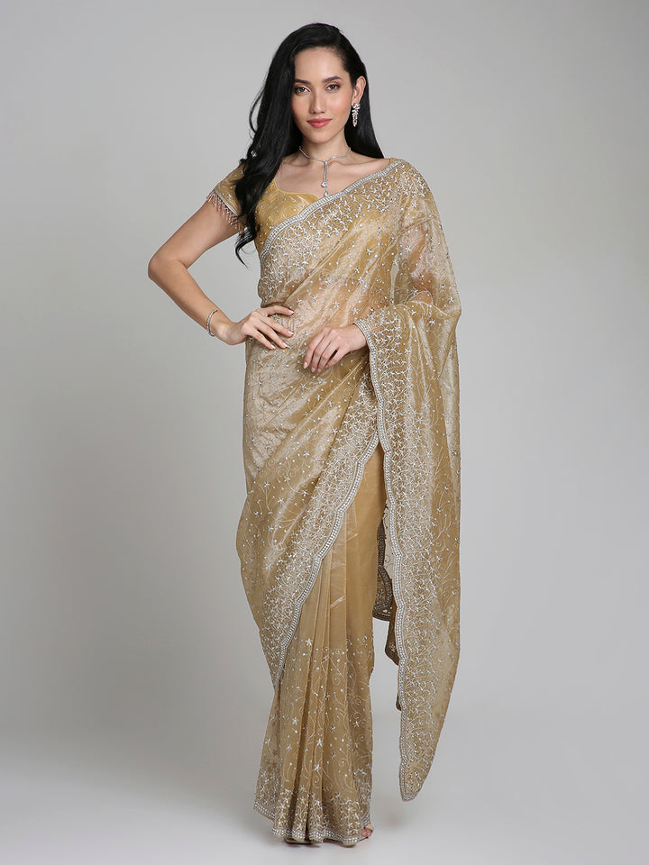 Mehr – Champagne Gold Net Saree with Silver Sequin Detailing | Fazals