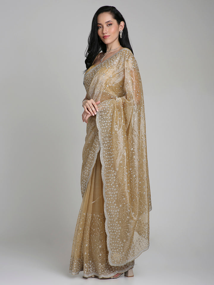 Mehr – Champagne Gold Net Saree with Silver Sequin Detailing | Fazals