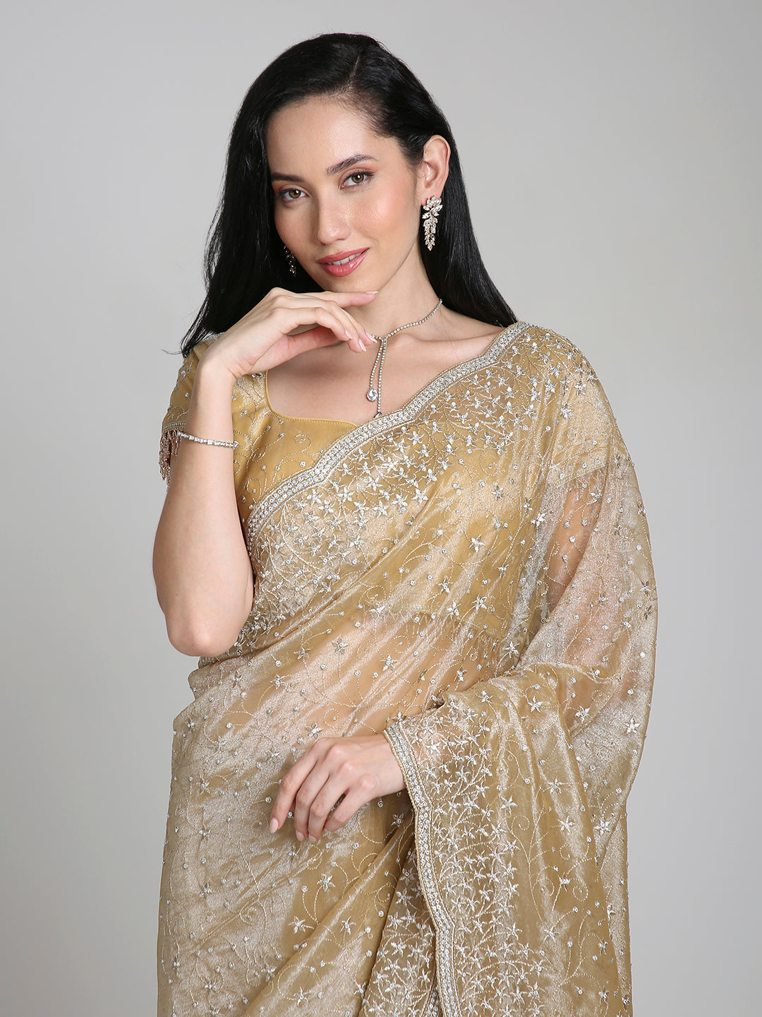 Mehr – Champagne Gold Net Saree with Silver Sequin Detailing | Fazals