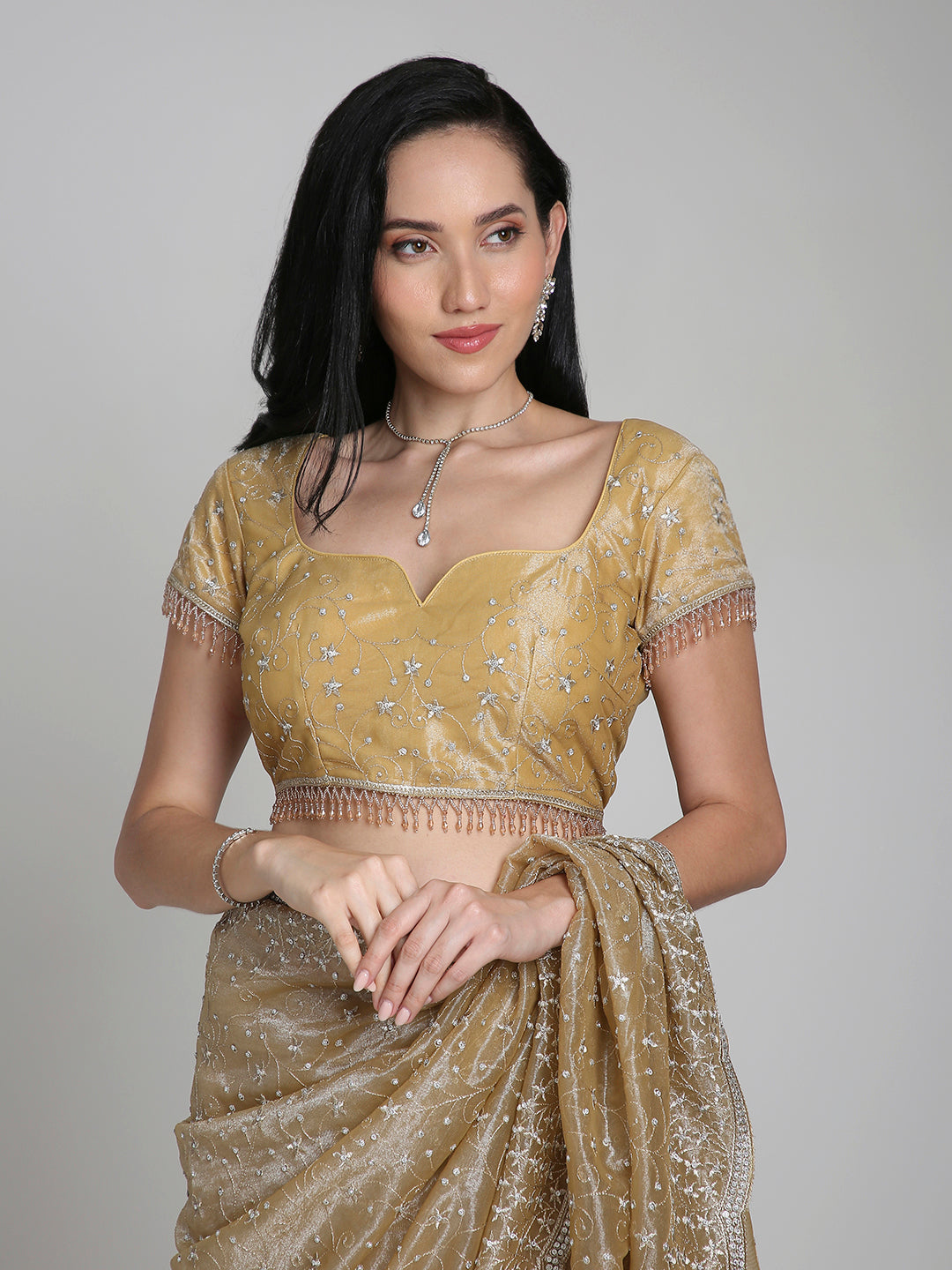 Mehr – Champagne Gold Net Saree with Silver Sequin Detailing | Fazals