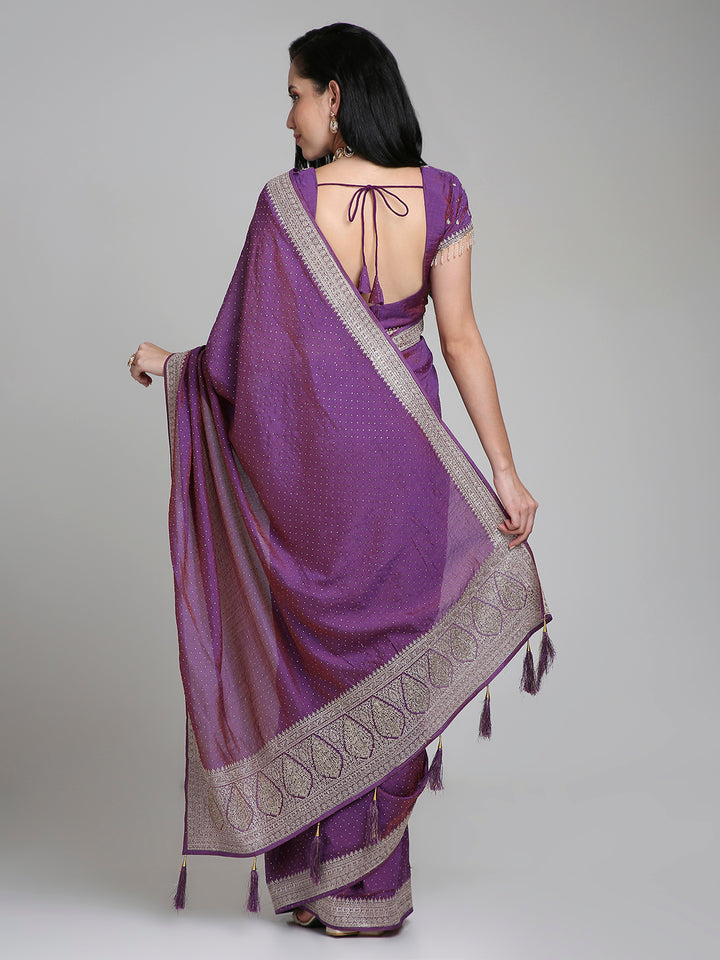 Saanvi – Purple Silk Saree with Gold Swarovski Border | Fazals