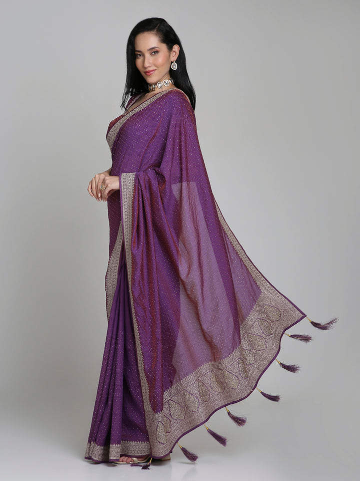 Saanvi – Purple Silk Saree with Gold Swarovski Border | Fazals