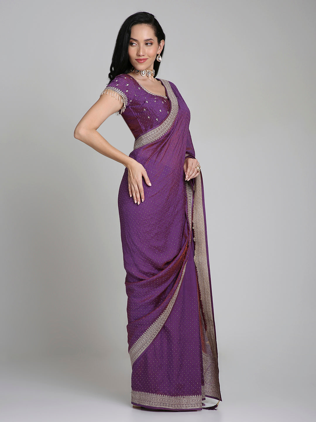 Saanvi – Purple Silk Saree with Gold Swarovski Border | Fazals