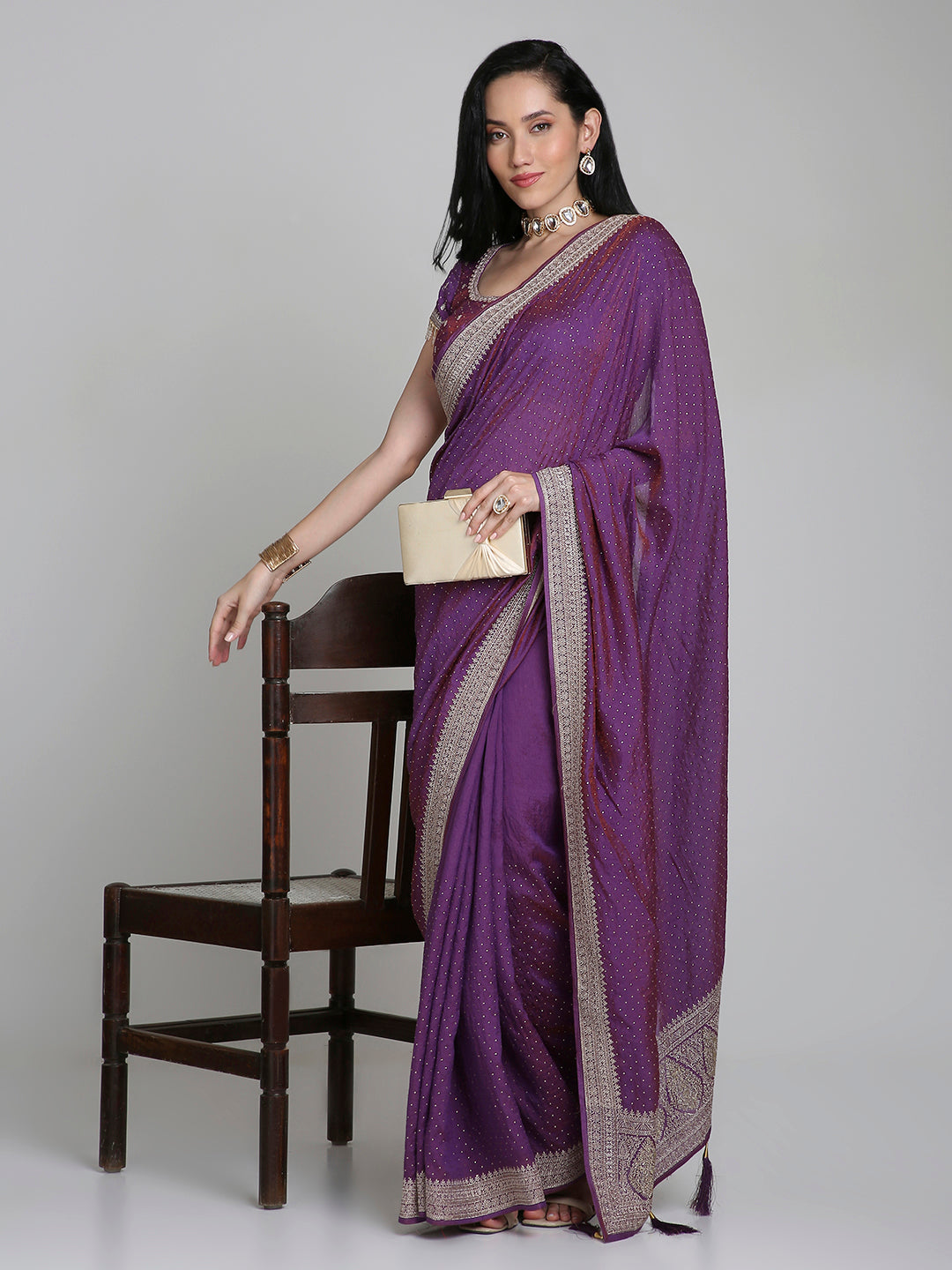Saanvi – Purple Silk Saree with Gold Swarovski Border | Fazals