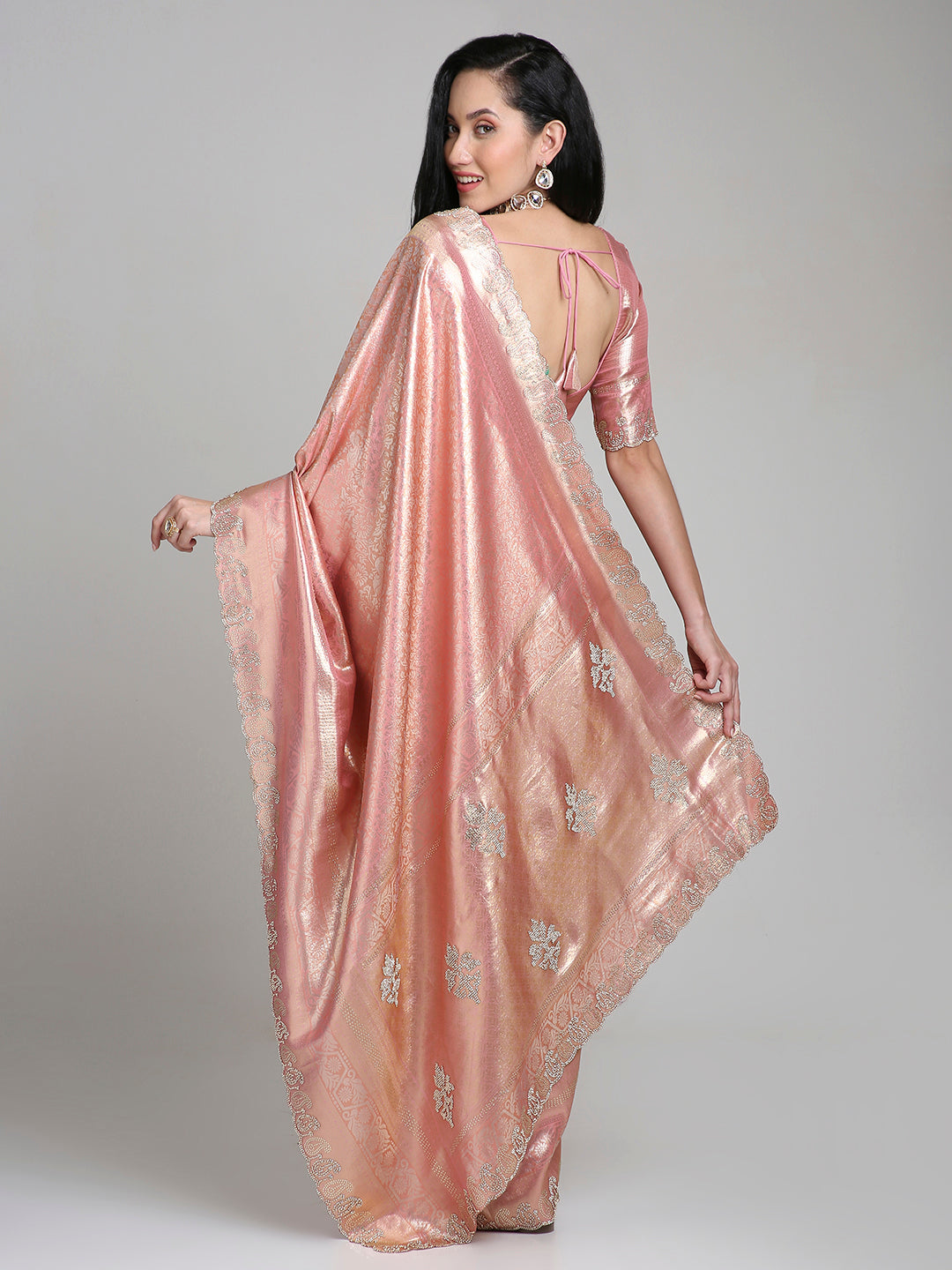 Anahita – Peach Pink Woven Silk Saree with Antique Gold Lace Border | Fazals