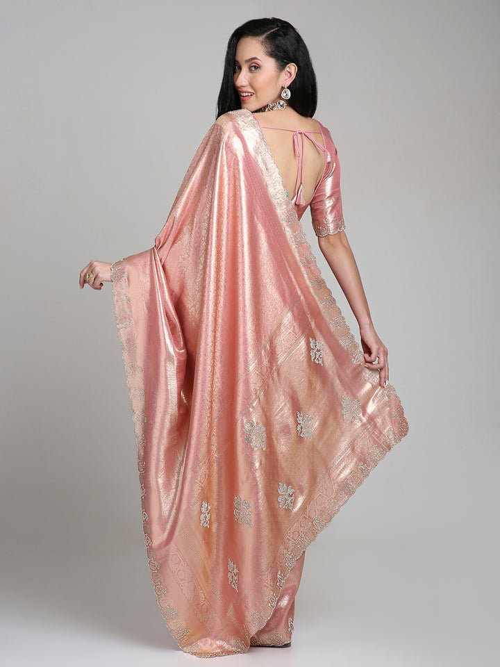 Anahita – Peach Pink Woven Silk Saree with Antique Gold Lace Border | Fazals