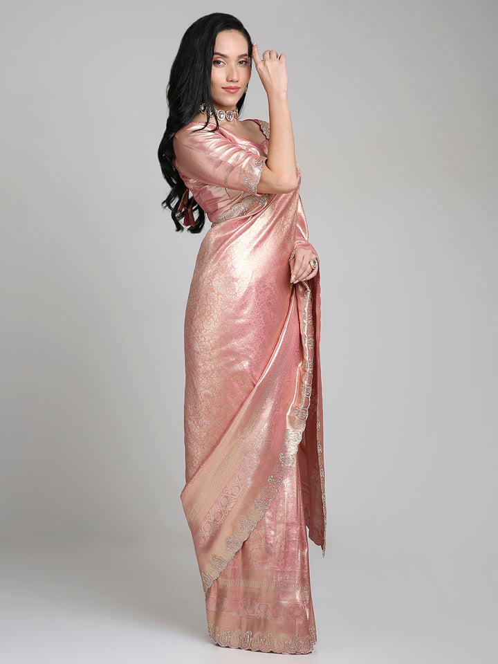 Anahita – Peach Pink Woven Silk Saree with Antique Gold Lace Border | Fazals
