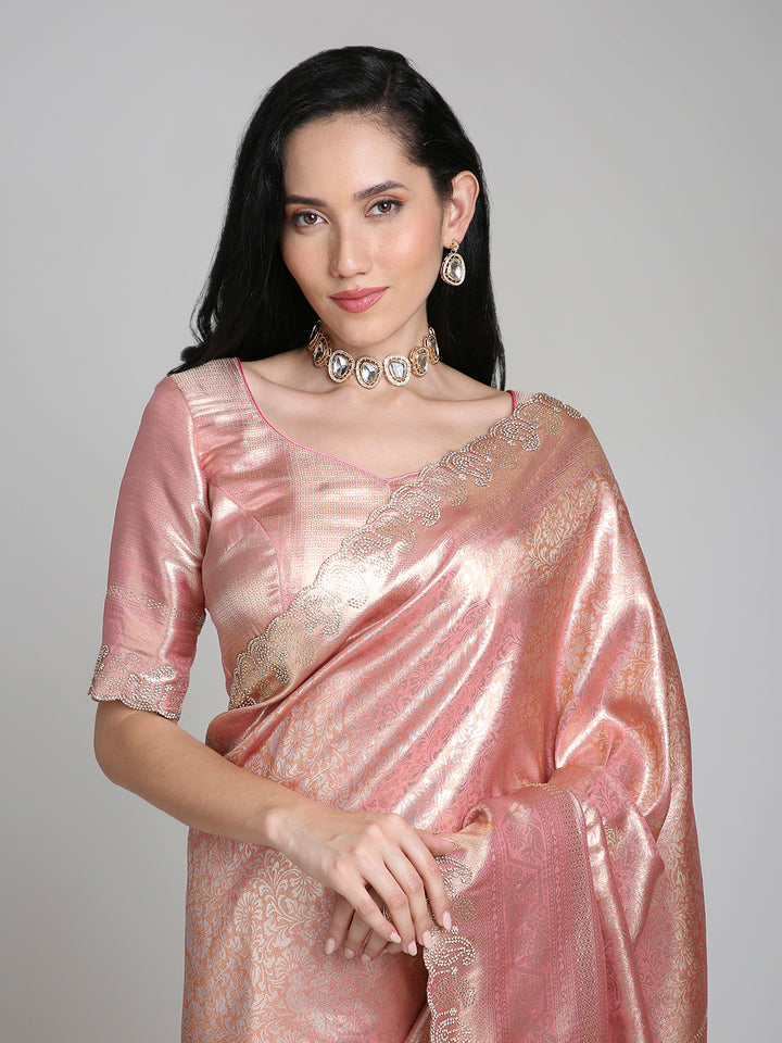 Anahita – Peach Pink Woven Silk Saree with Antique Gold Lace Border | Fazals