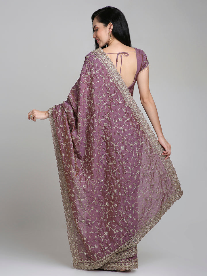 Zeenat – Pink Embroidered Silk Saree with Antique Gold Lace Border | Fazals