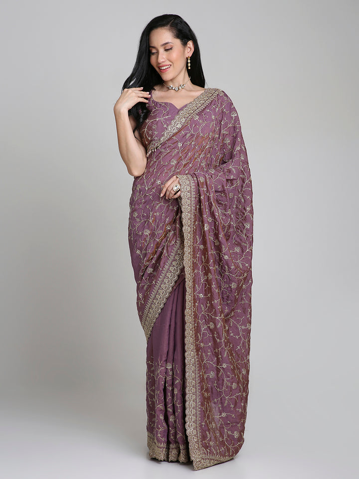 Zeenat – Pink Embroidered Silk Saree with Antique Gold Lace Border | Fazals