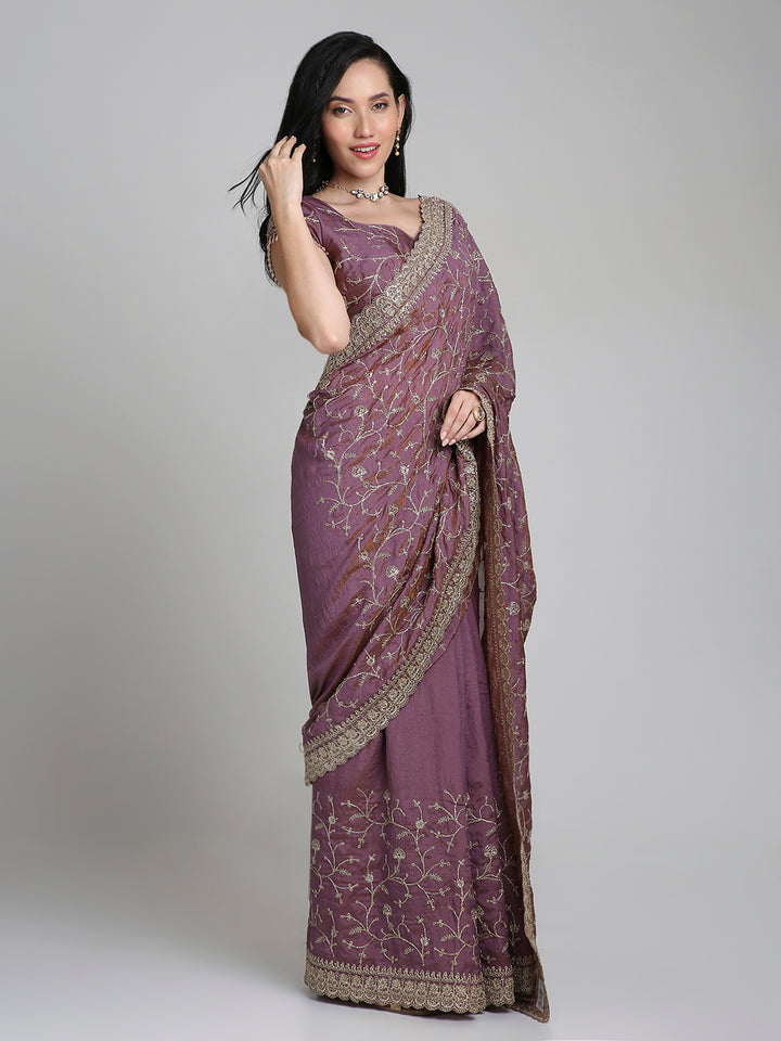 Zeenat – Pink Embroidered Silk Saree with Antique Gold Lace Border | Fazals