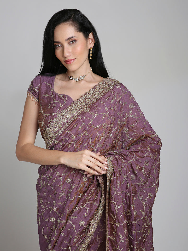 Zeenat – Pink Embroidered Silk Saree with Antique Gold Lace Border | Fazals