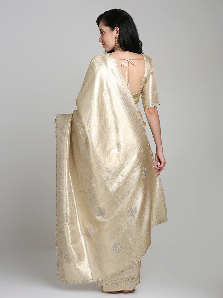 Iravati – Gold Silk Saree with Self-Weave and Embroidered Border | Fazals