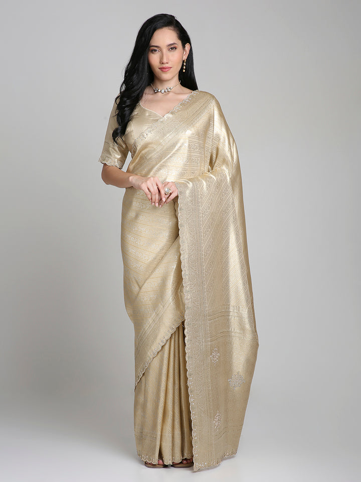Iravati – Gold Silk Saree with Self-Weave and Embroidered Border | Fazals