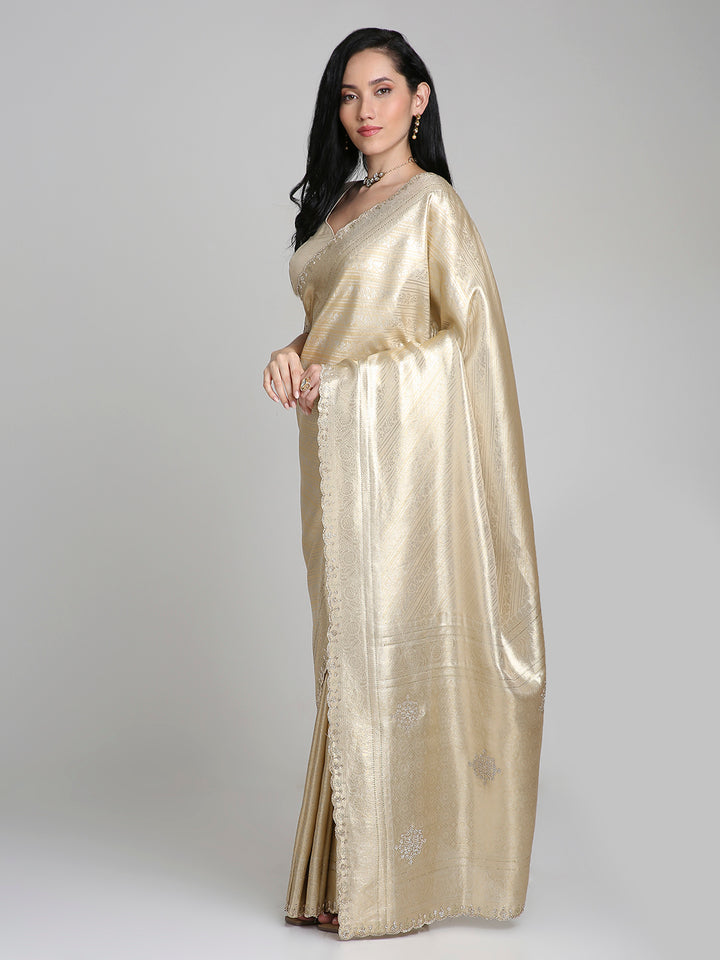 Iravati – Gold Silk Saree with Self-Weave and Embroidered Border | Fazals