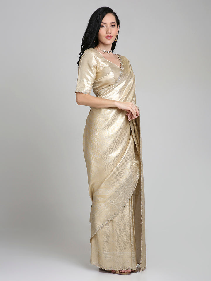 Iravati – Gold Silk Saree with Self-Weave and Embroidered Border | Fazals