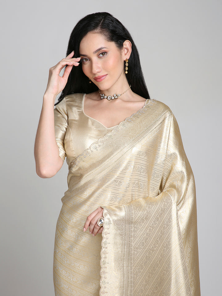 Iravati – Gold Silk Saree with Self-Weave and Embroidered Border | Fazals