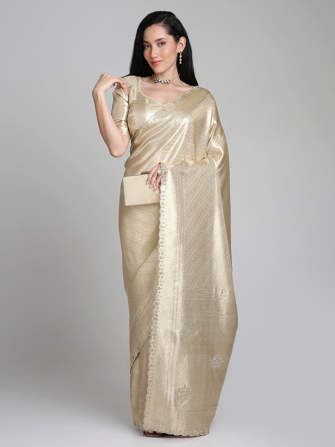 Iravati – Gold Silk Saree with Self-Weave and Embroidered Border | Fazals