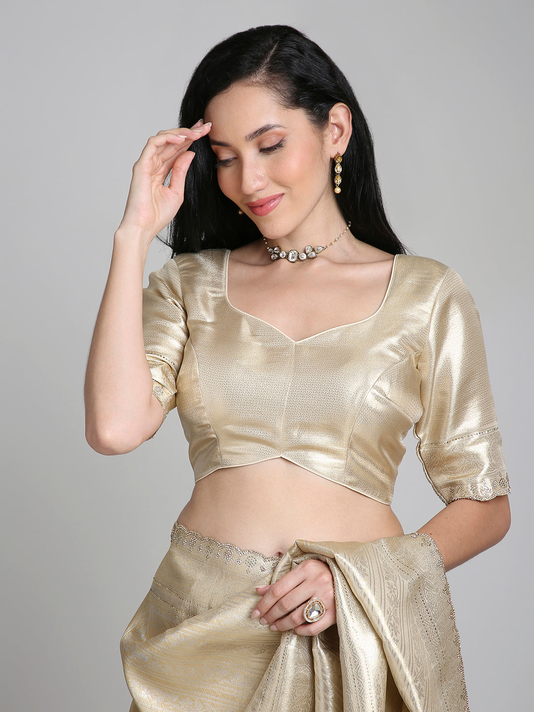 Iravati – Gold Silk Saree with Self-Weave and Embroidered Border | Fazals