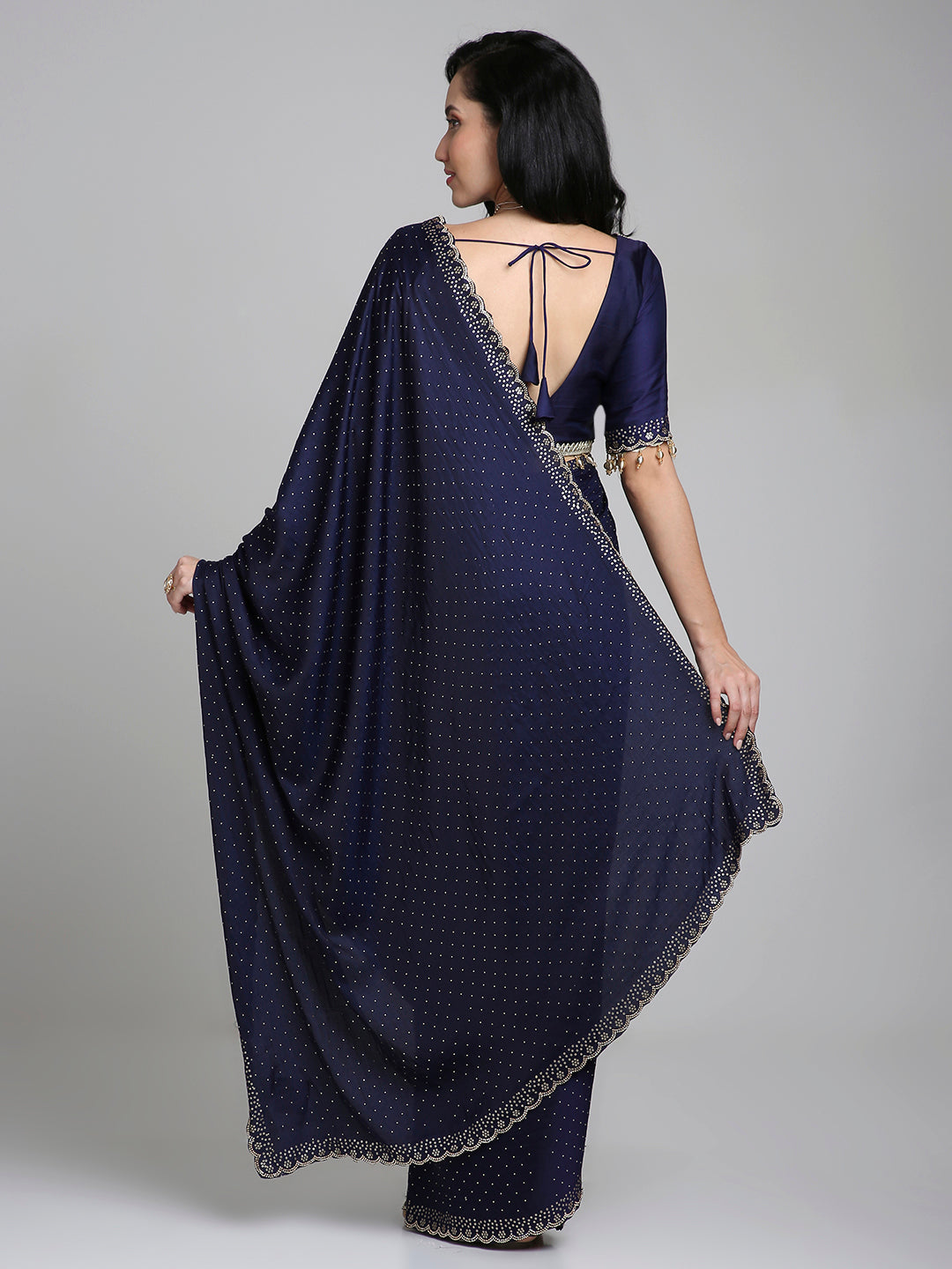 Ameera – Midnight Blue Chinnon Saree with Gold Swarovski Border | Fazals