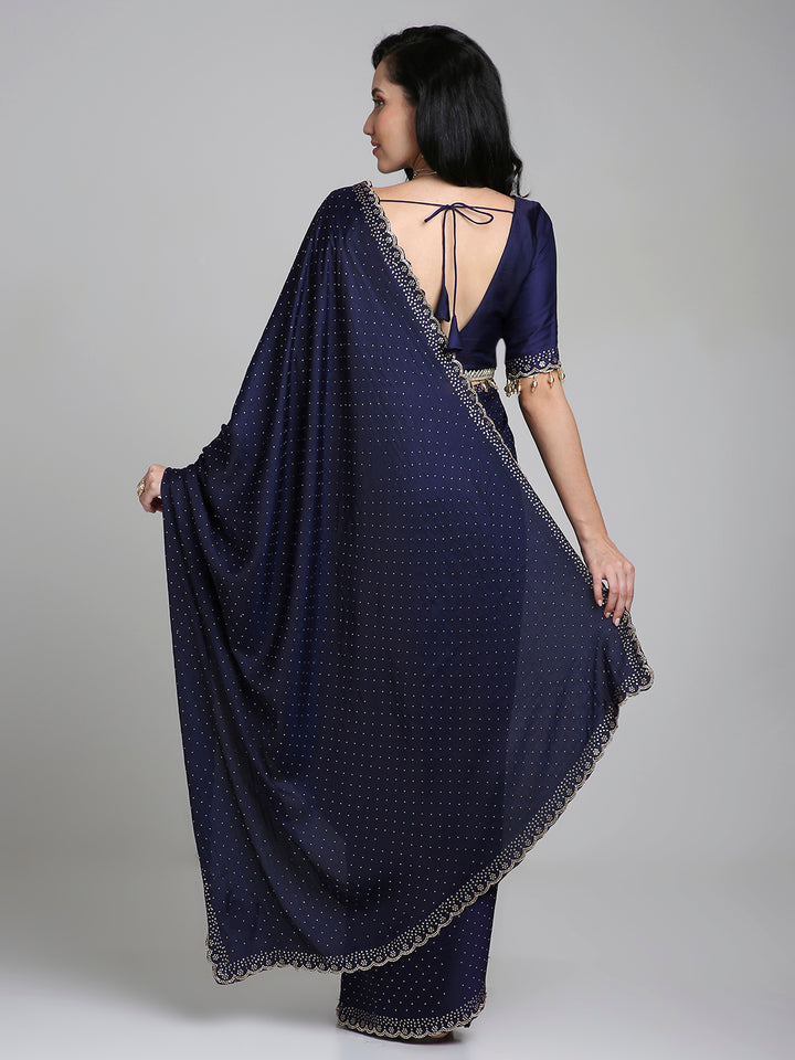 Ameera – Midnight Blue Chinnon Saree with Gold Swarovski Border | Fazals