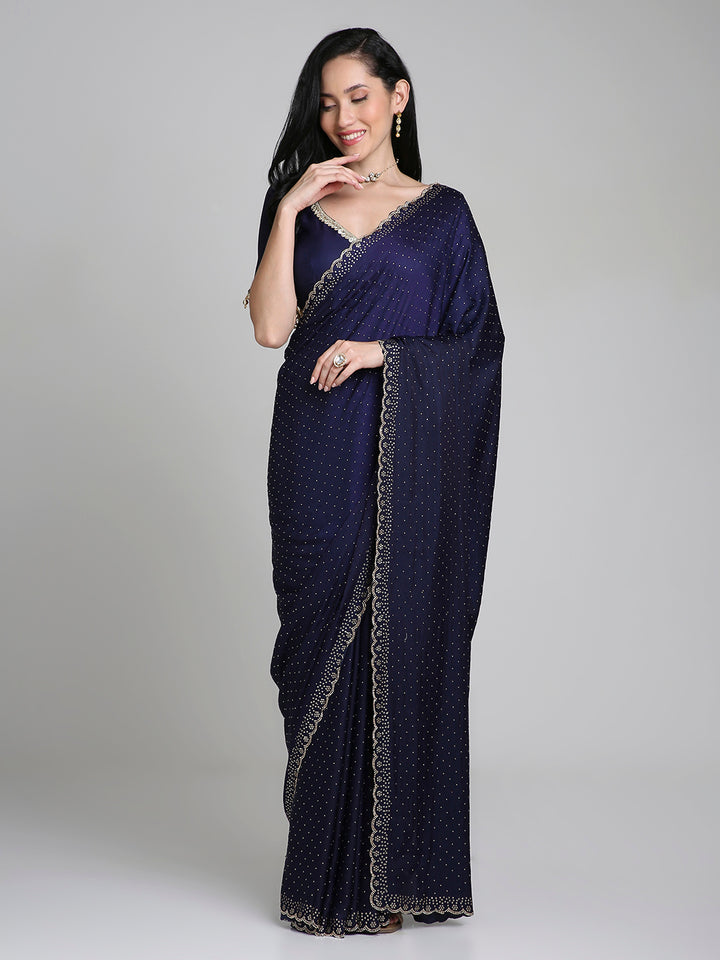 Ameera – Midnight Blue Chinnon Saree with Gold Swarovski Border | Fazals