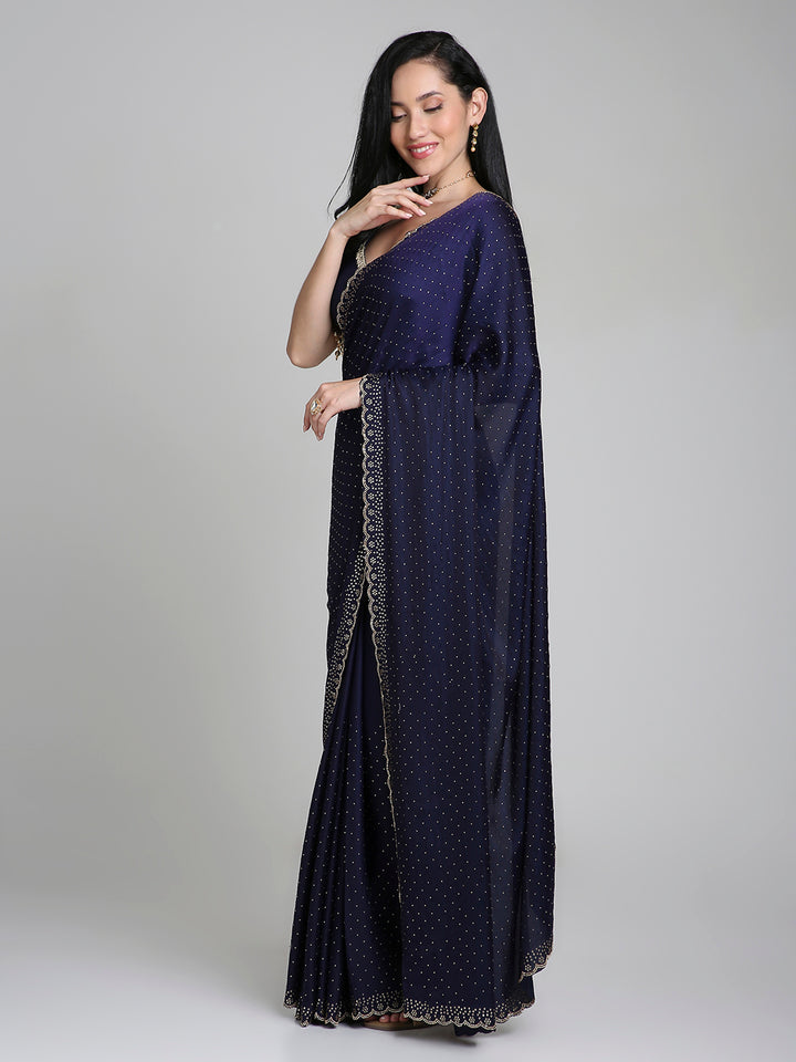 Ameera – Midnight Blue Chinnon Saree with Gold Swarovski Border | Fazals