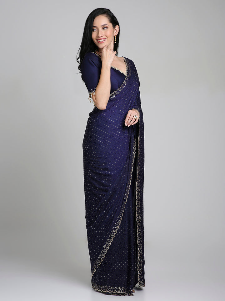 Ameera – Midnight Blue Chinnon Saree with Gold Swarovski Border | Fazals